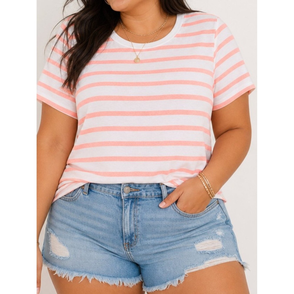 Old Navy Fitted Short Sleeve Tee Neon Orange White Crew Neck XL Summer Top